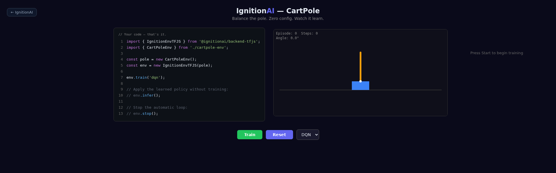 The CartPole demo before training: code on the left, simulation in the center, and controls below.